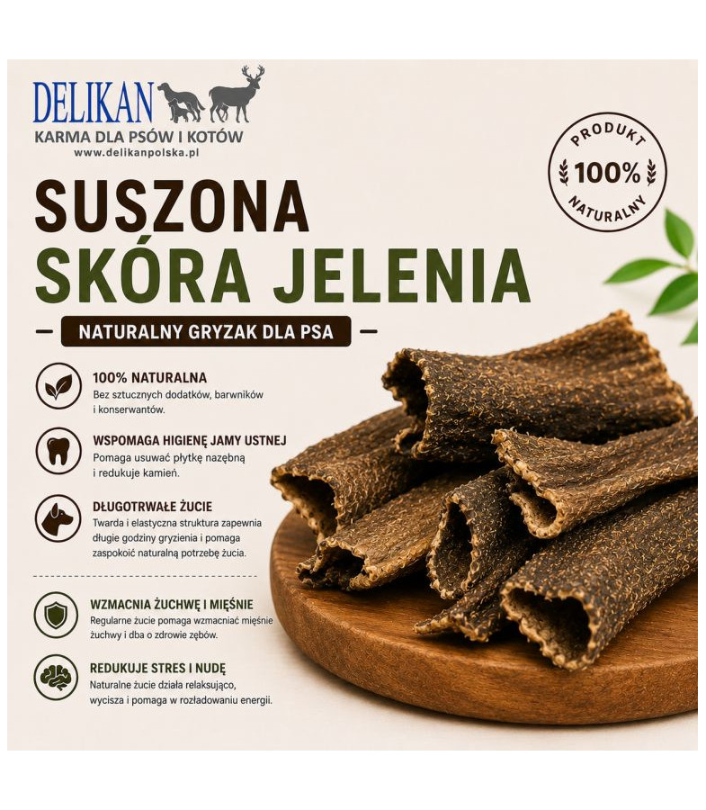 Suszona Skóra z Jelenia 1 kg -  Naturalny Przysmak dla Psa