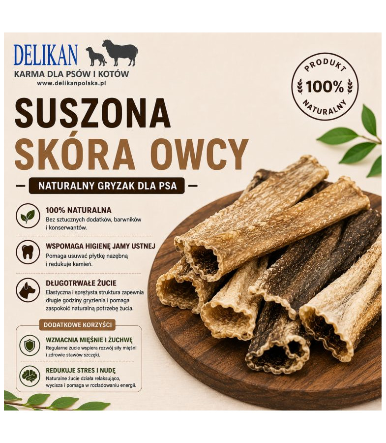 Suszona Skóra z Owcy 1 kg -  Naturalny Przysmak dla Psa