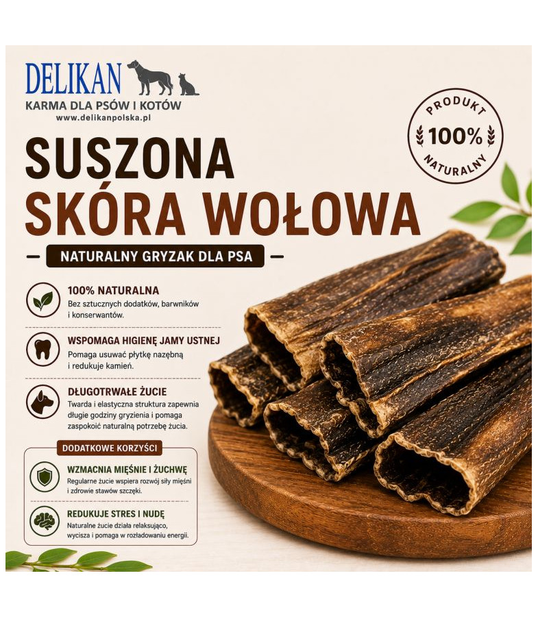 Suszona Skóra Wołowa 1 kg -  Naturalny Przysmak dla Psa
